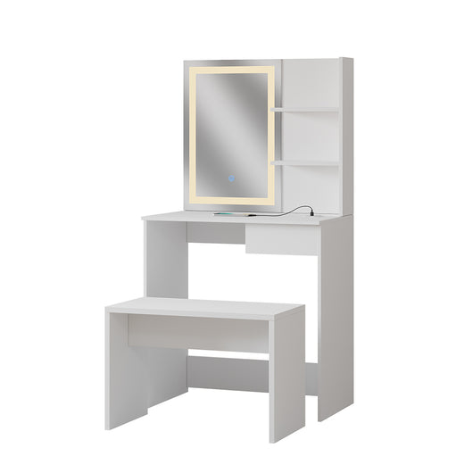 Vicco Tavolo da toeletta Bianco 75 cm con specchio a LED, caricatore QI e panchina