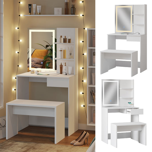Vicco Tavolo da toeletta Bianco 75 cm con specchio a LED, caricatore QI e panchina