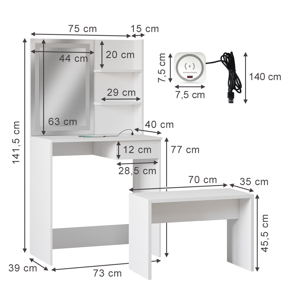 Vicco Tavolo da toeletta Bianco 75 cm con specchio a LED, caricatore QI e panchina