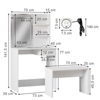 Vicco Tavolo da toeletta Bianco 75 cm con specchio a LED, caricatore QI e panchina