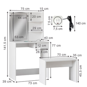 Vicco Tavolo da toeletta Bianco 75 cm con specchio a LED, caricatore QI e panchina