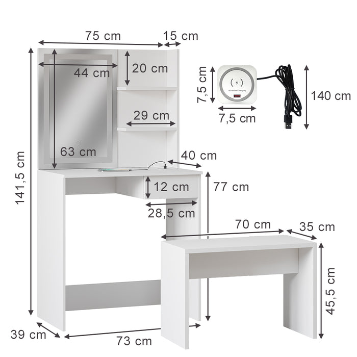 Vicco Tavolo da toeletta Bianco 75 cm con specchio a LED, caricatore QI e panchina