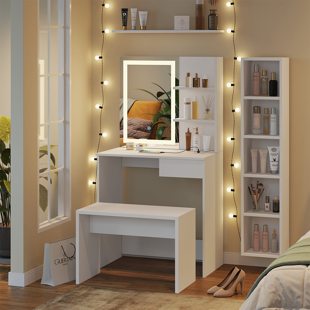 Vicco Tavolo da toeletta Bianco 75 cm con specchio a LED, caricatore QI e panchina