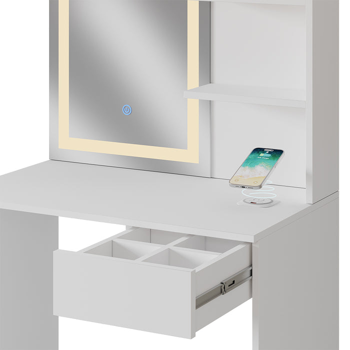 Vicco Tavolo da toeletta Bianco 75 cm con specchio a LED e stazione di ricarica QI