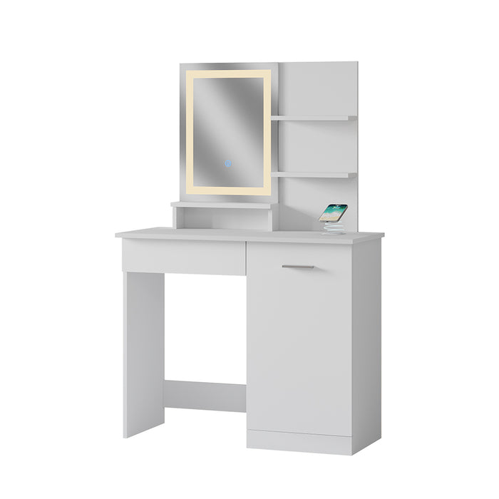 Vicco Tavolo da toeletta Bianco 90 cm con specchio a LED e stazione di ricarica QI