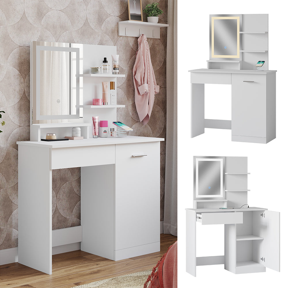 Vicco Tavolo da toeletta Bianco 90 cm con specchio a LED e stazione di ricarica QI