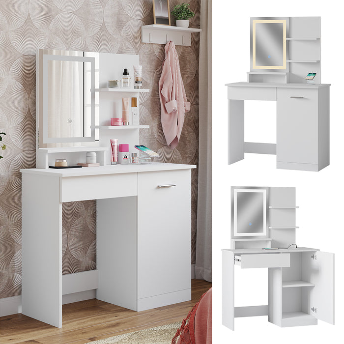 Vicco Tavolo da toeletta Bianco 90 cm con specchio a LED e stazione di ricarica QI