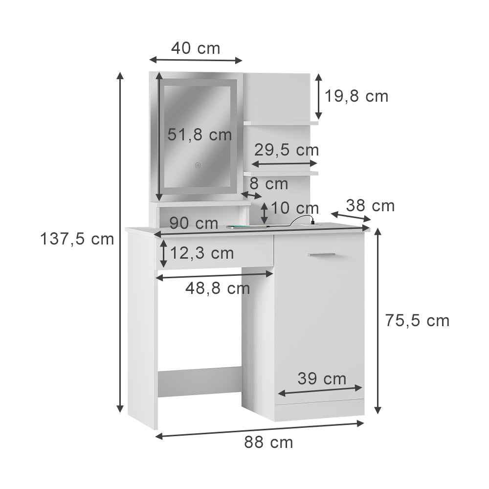 Vicco Tavolo da toeletta Bianco 90 cm con specchio a LED e stazione di ricarica QI