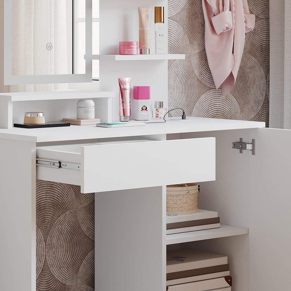 Vicco Tavolo da toeletta Bianco 90 cm con specchio a LED e stazione di ricarica QI