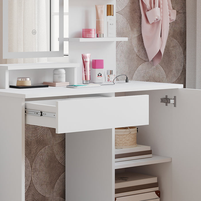Vicco Tavolo da toeletta Bianco 90 cm con specchio a LED e stazione di ricarica QI