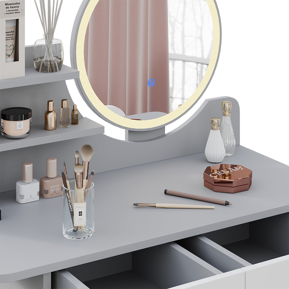 Vicco Tavolo da toeletta Grigio 80 cm con illuminazione a LED e sgabello