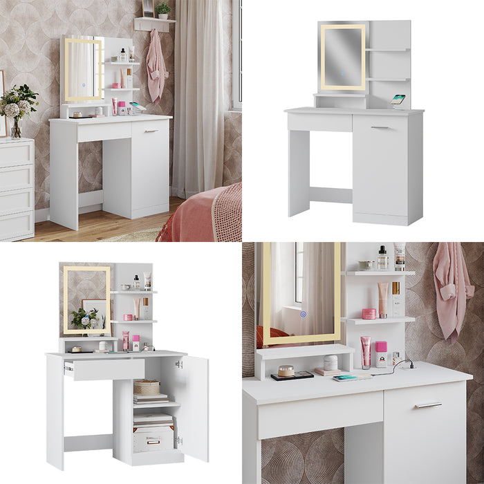 Vicco Tavolo da toeletta Bianco 90 cm con specchio a LED e stazione di ricarica QI