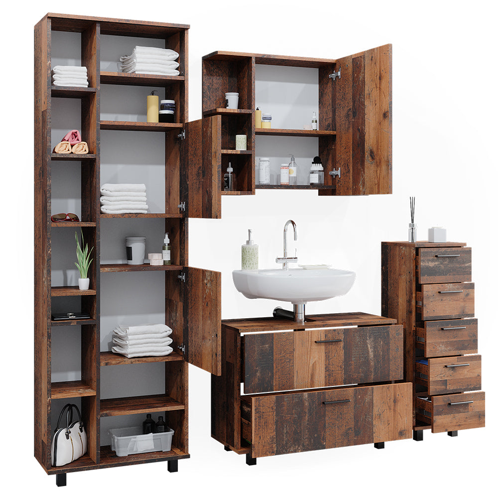 Vicco Set di mobili da bagno Rovere rustico 4 parti, con armadio alto