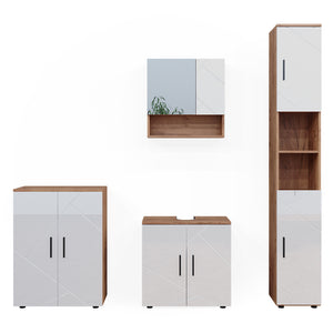 Vicco Set di mobili da bagno Bianco lucido/oro power oak 4 parti, con armadio alto e cassettiera