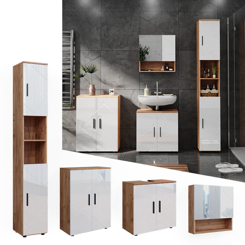 Vicco Set di mobili da bagno Bianco lucido/oro power oak 4 parti, con armadio alto e cassettiera