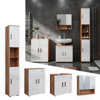 Vicco Set di mobili da bagno Bianco lucido/oro power oak 4 parti, con armadio alto e cassettiera