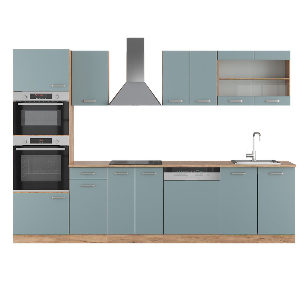 Vicco Cucina componibile Rovere blu-grigio/oro 300 cm con armadio alto, PL Rovere