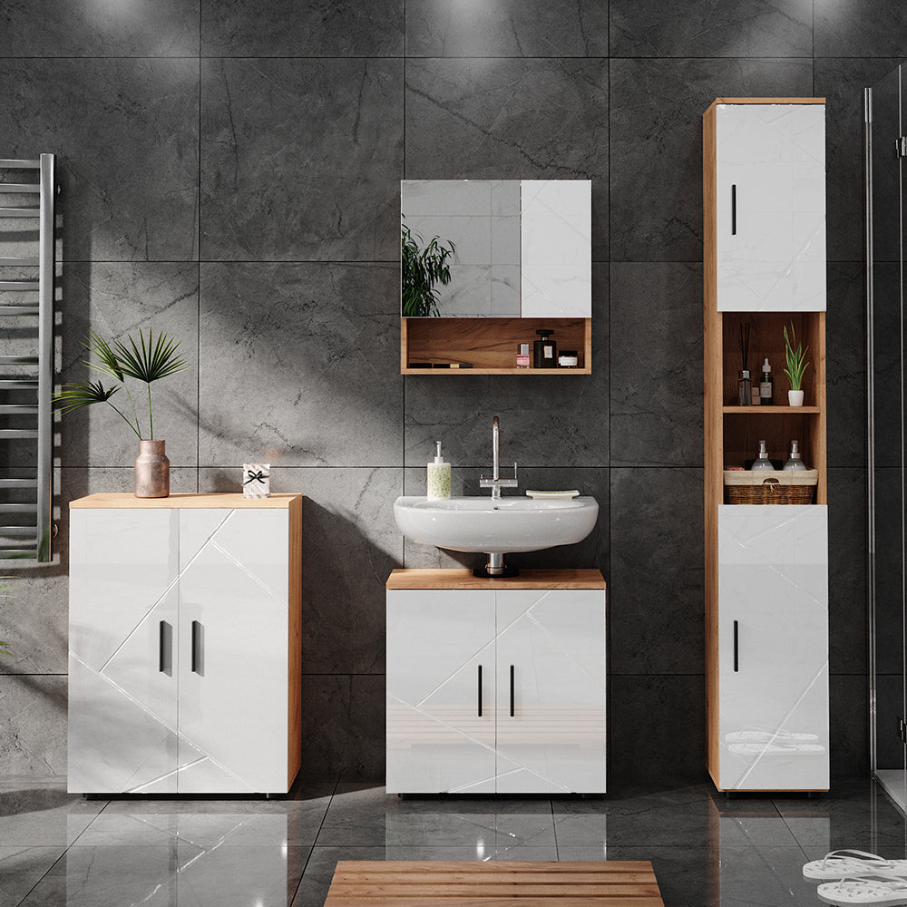 Vicco Set di mobili da bagno Bianco lucido/oro power oak 4 parti, con armadio alto e cassettiera
