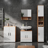 Vicco Set di mobili da bagno Bianco lucido/oro power oak 4 parti, con armadio alto e cassettiera
