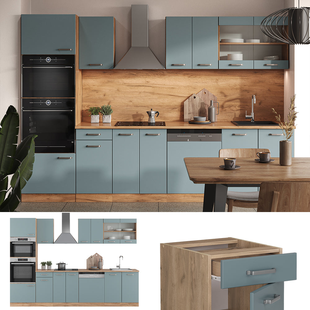 Vicco Cucina componibile Rovere blu-grigio/oro 300 cm con armadio alto, senza piano di lavoro