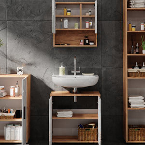 Vicco Set di mobili da bagno Bianco lucido/oro power oak 4 parti, con armadio alto e cassettiera