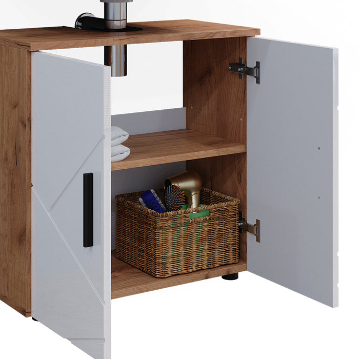 Vicco Set di mobili da bagno Bianco lucido/oro power oak 4 parti, con armadio alto e cassettiera