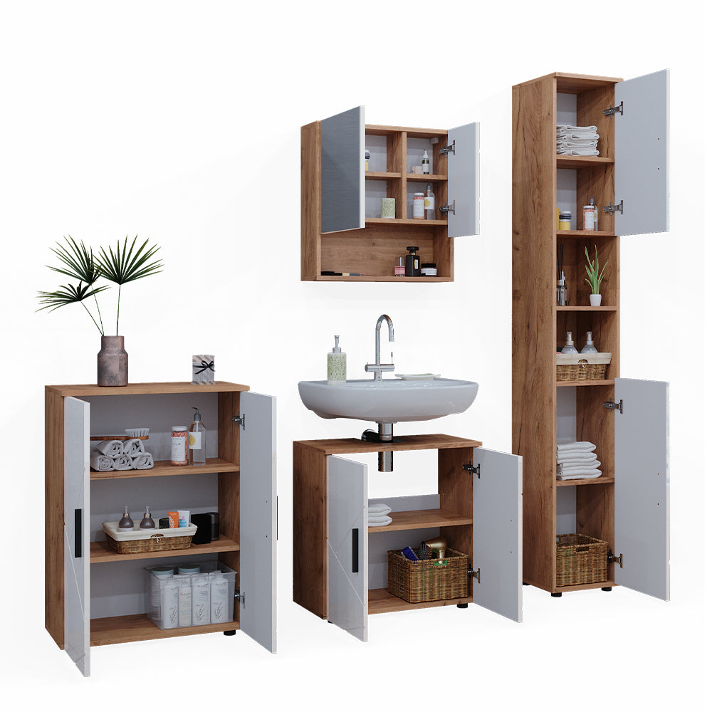 Vicco Set di mobili da bagno Bianco lucido/oro power oak 4 parti, con armadio alto e cassettiera