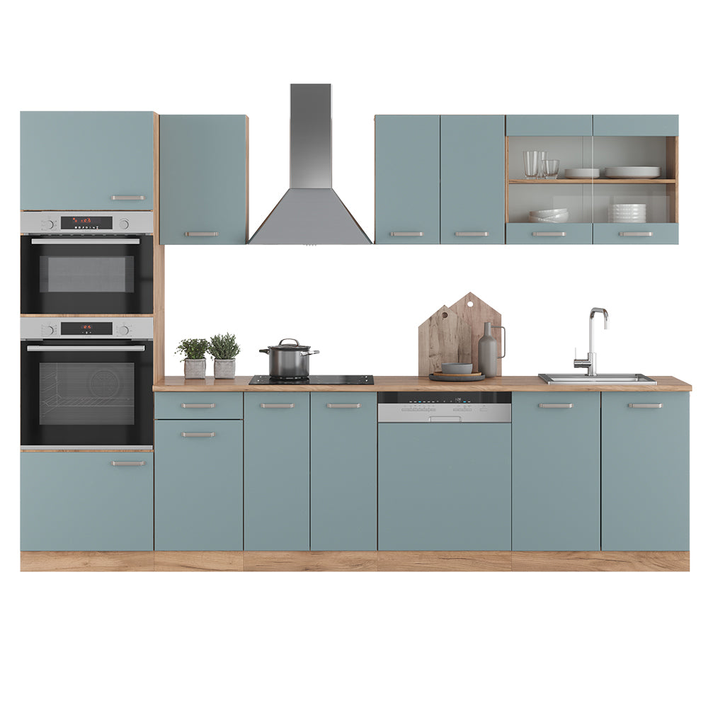 Vicco Cucina componibile Rovere blu-grigio/oro 300 cm con armadio alto, PL Marmo