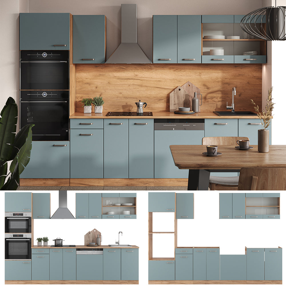 Vicco Cucina componibile Rovere blu-grigio/oro 300 cm con armadio alto, senza piano di lavoro