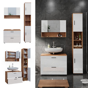 Vicco Set di mobili da bagno Bianco lucido/oro power oak 3 pezzi, base 80 cm