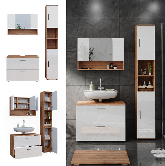 Vicco Set di mobili da bagno Bianco lucido/oro power oak 3 pezzi, base 80 cm