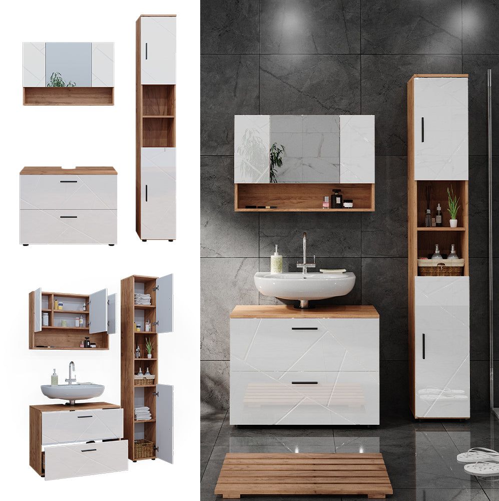 Vicco Set di mobili da bagno Bianco lucido/oro power oak 3 pezzi, base 80 cm