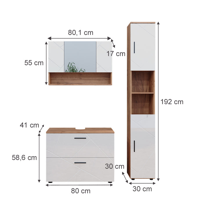 Vicco Set di mobili da bagno Bianco lucido/oro power oak 3 pezzi, base 80 cm