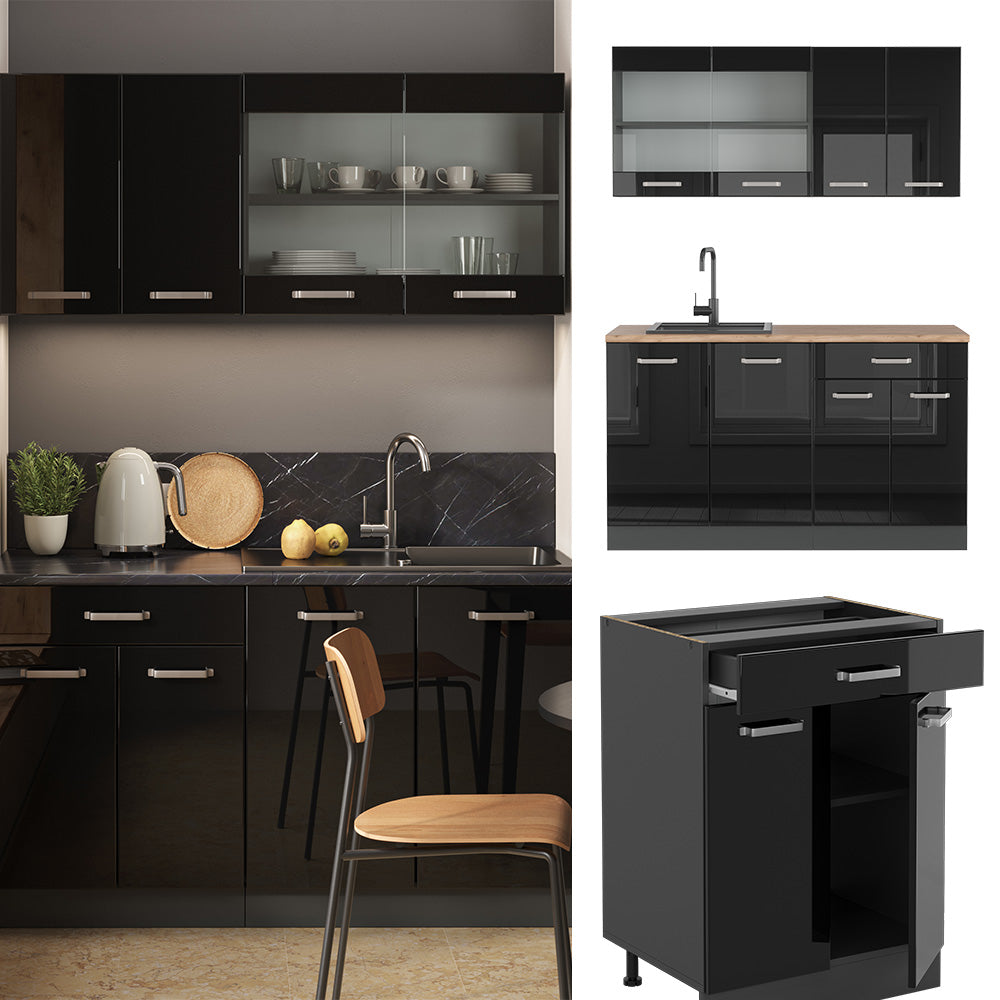Vicco Cucina monoblocco Nero lucido/antracite 140 cm , PL Marmo