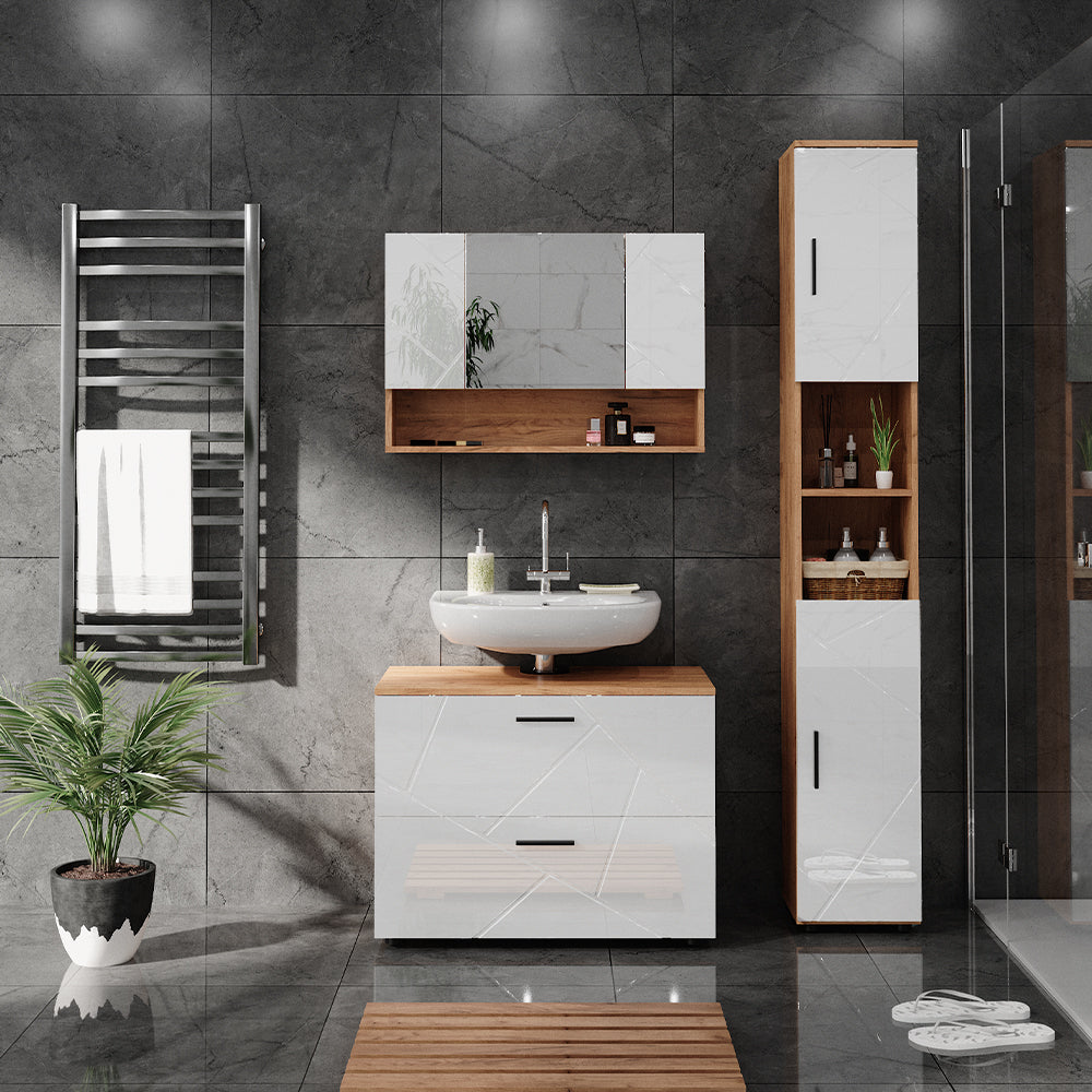 Vicco Set di mobili da bagno Bianco lucido/oro power oak 3 pezzi, base 80 cm