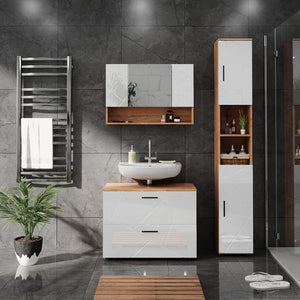 Vicco Set di mobili da bagno Bianco lucido/oro power oak 3 pezzi, base 80 cm