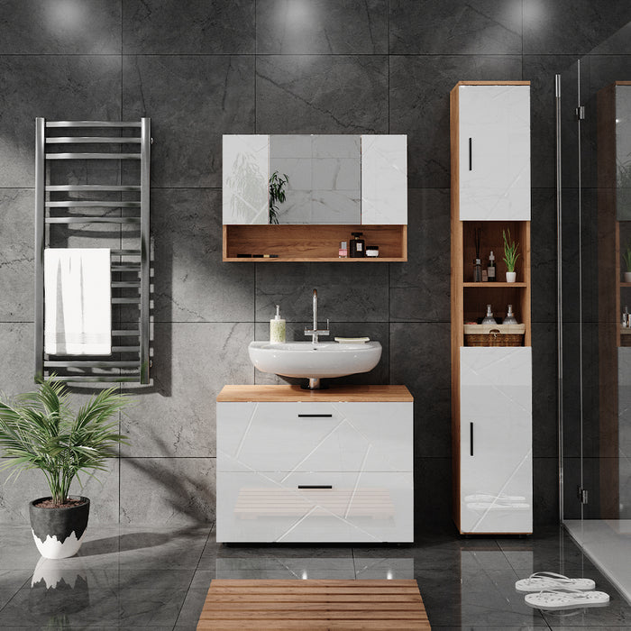 Vicco Set di mobili da bagno Bianco lucido/oro power oak 3 pezzi, base 80 cm