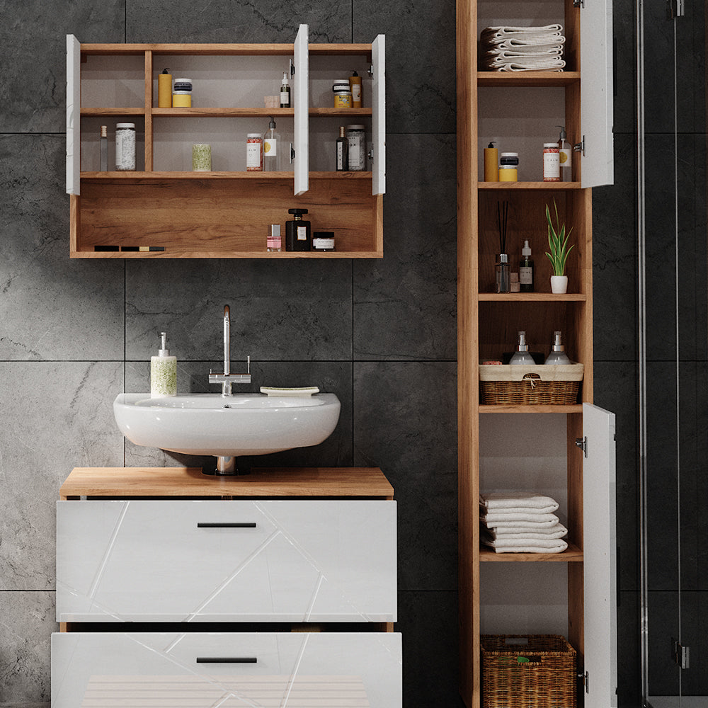 Vicco Set di mobili da bagno Bianco lucido/oro power oak 3 pezzi, base 80 cm