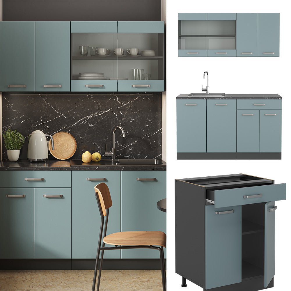 Vicco Cucina monoblocco Blu-grigio/antracite 140 cm senza piano di lavoro
