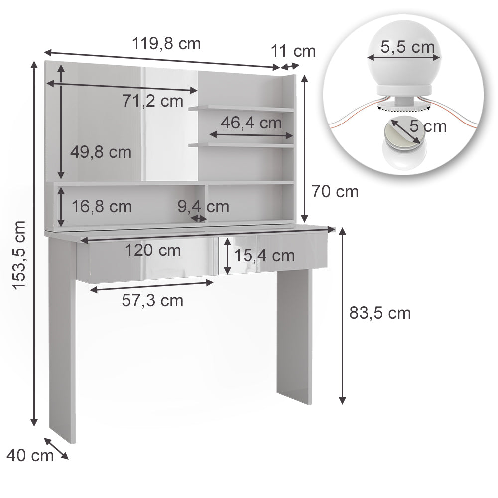 Vicco Tavolo da toeletta Bianco 120 cm con illuminazione a LED