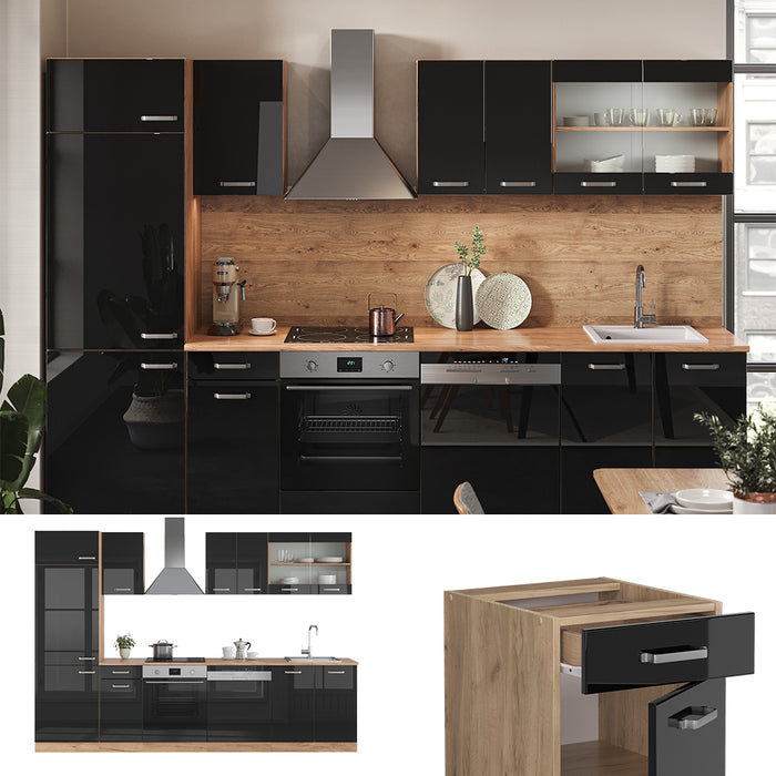 Vicco Cucina componibile Rovere nero/oro lucido 300 cm senza piano di lavoro