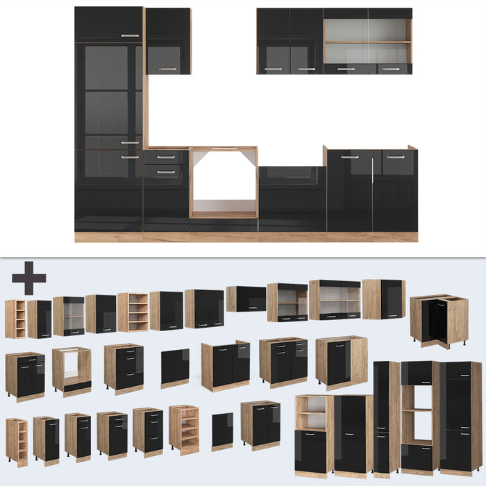 Vicco Cucina componibile Rovere nero/oro lucido 300 cm , PL Marmo