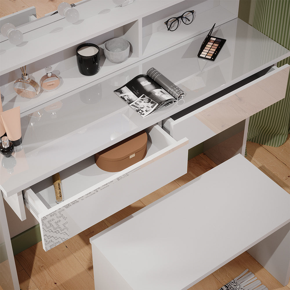 Vicco Tavolo da toeletta Bianco 120 cm con ripiano a specchio, panca e illuminazione a LED