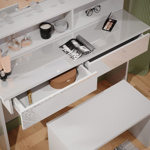 Vicco Tavolo da toeletta Bianco 120 cm con ripiano a specchio, panca e illuminazione a LED