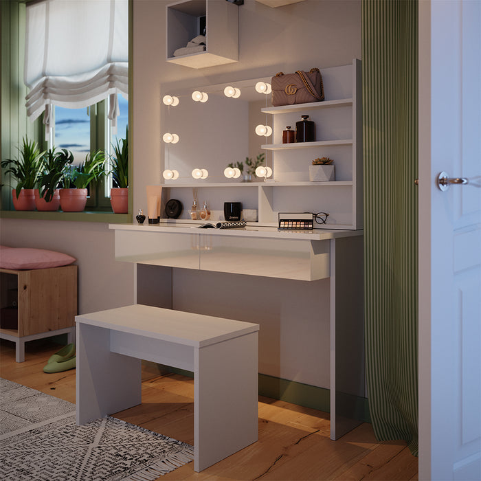 Vicco Tavolo da toeletta Bianco 120 cm con ripiano a specchio, panca e illuminazione a LED