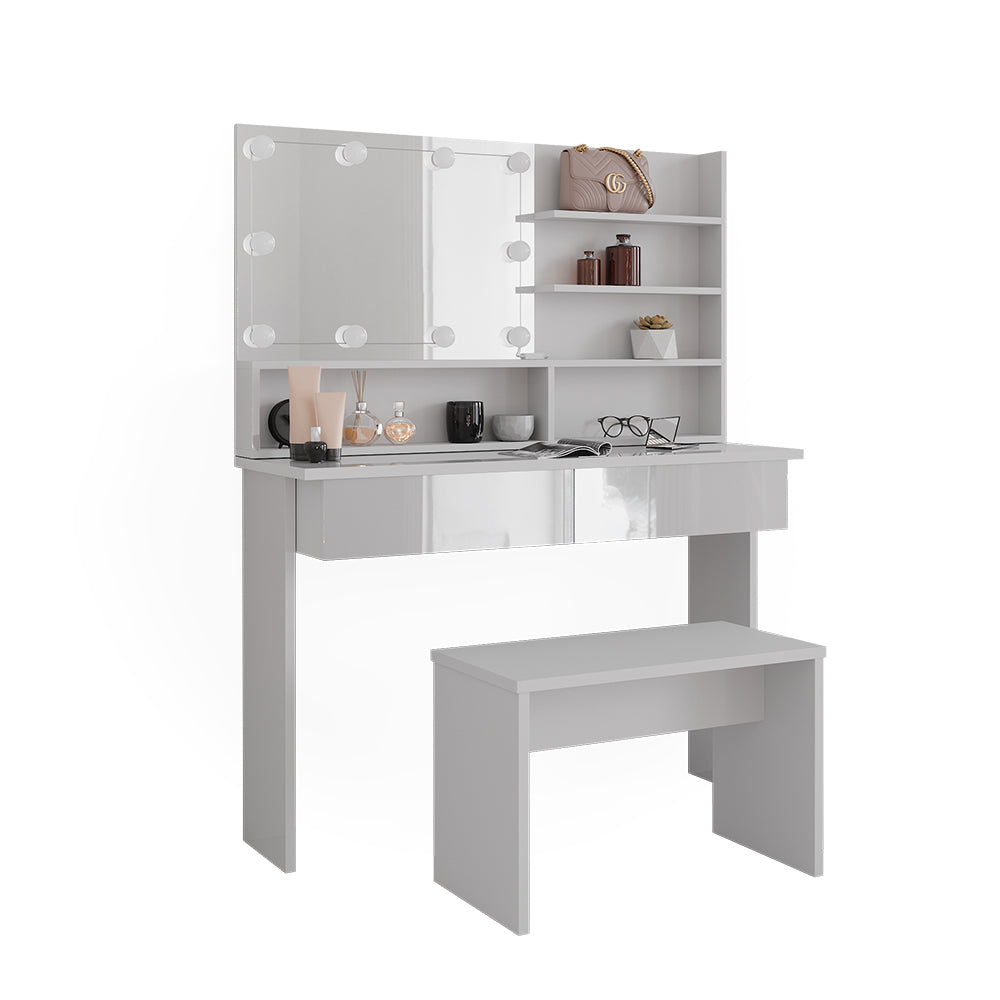 Vicco Tavolo da toeletta Bianco 120 cm con ripiano a specchio, panca e illuminazione a LED