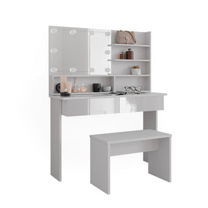 Vicco Tavolo da toeletta Bianco 120 cm con ripiano a specchio, panca e illuminazione a LED