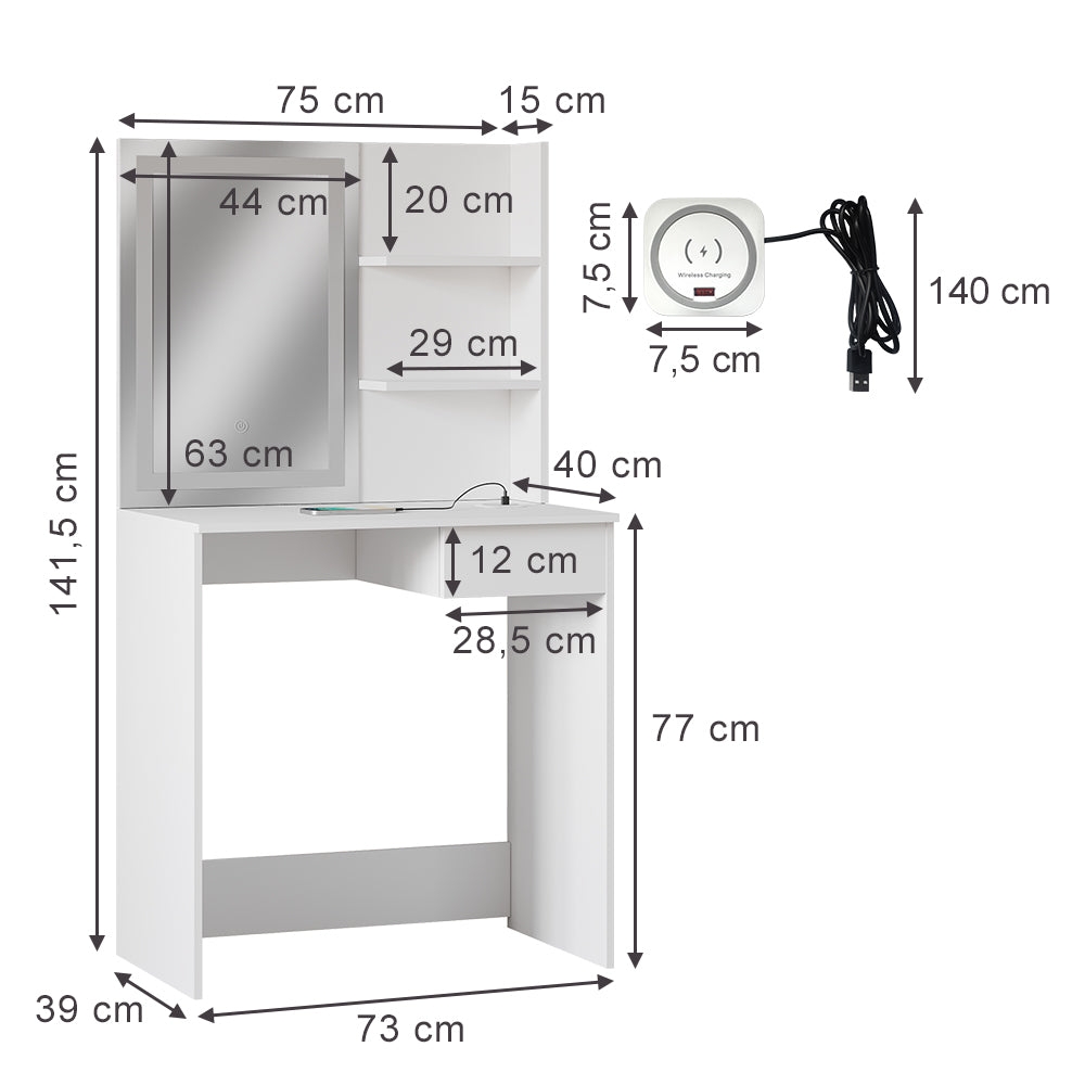 Vicco Tavolo da toeletta Bianco 75 cm con specchio a LED e stazione di ricarica QI