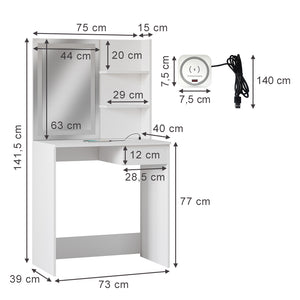 Vicco Tavolo da toeletta Bianco 75 cm con specchio a LED e stazione di ricarica QI