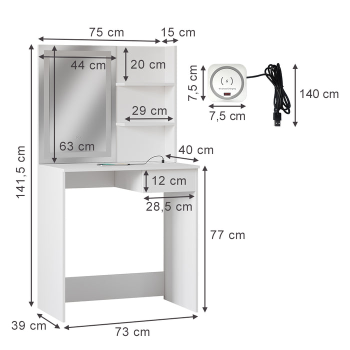 Vicco Tavolo da toeletta Bianco 75 cm con specchio a LED e stazione di ricarica QI